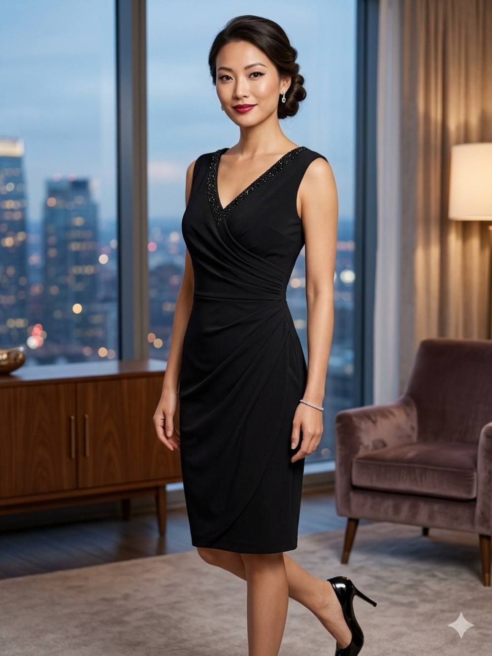 Lauren Ralph Lauren Beaded V-Neck Ruched Faux-Wrap Sheath Dress Size 12